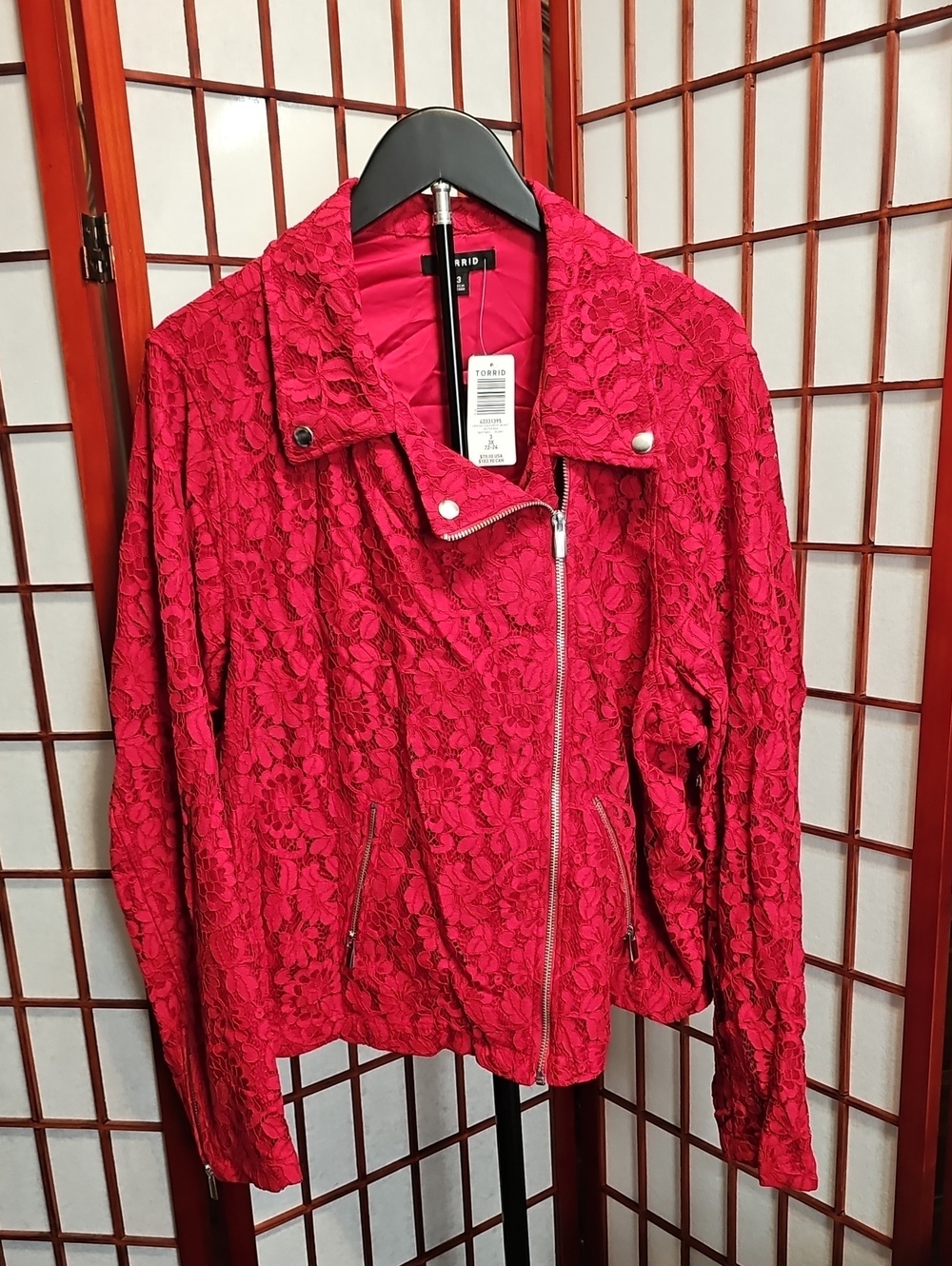 TORRID Hot Red Lace Cropped Moto Jacket